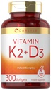 Carlyle Vitamin K2 D3 Tambahan 124; 300 Softgeels 124; 200mcg K2 MK7 & 10.000 IU D3 = 124; Non-GMO, Gluten Bebas