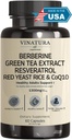 VINATURA Berberine HCL & Ceylon Cinnamon - Red Yeast Rice & CoQ10 1300mg per Serving * USA Made & Tested * Heally Levels with Green Tea Extract, Resveratrol, Magnesium, Glycinate, Chromium Picolinate