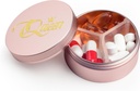 Kompartemen Kasus Pil Kecil 3, Metal Round Portable Pill Box, Travel Pill Organizer, Pocket Purse Medicine Vitamin EDC Container (Rose Gold with Queen)