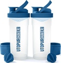 Utopia Home Shaker Bottle 2 Pack - 24 Ounce Plastic Protein atau Cocktail Shake Bottle untuk latihan Pre & Post dengan Penyimpanan Kotak Protein Twist & Lock (Clear / Navy)