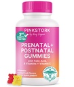 Fertility + Prenatal + Postnatal Gummy Vitamin - Full Motherhood Journey Support - Multivitamin with Flounte, B Vitamin, Zinc & Biotin - 60 Assorted Fruit Gummies