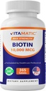 Vitamatic Biotin 10,000 mcg (10 mg) untuk Rambut Kuat, Skin & Nails - 365 Tablet- Juga disebut Vitamin B7