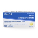 MAJOR 4 Mg Allergy Tablet - Chlorpheniramine Maleatte 4-Hour Algergy Medicine - Antihistamin for Relief of Sneezing, Itchy Watery Eyes, Itchy Throat, and Runny Nose - 100 Count (1 Pack)