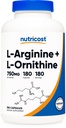 Nutricost L- Arginine L- Ornithy 750mg; 180 Capsules