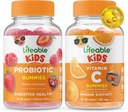 Probiotik Lifeable 2 Miliar CFU Kids + Vitamin C Kids, Gummies Bundle - Great Tasting, Vitamin Suplemen, Gluten Free, GMO Bebas, Gummy Chewable