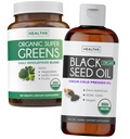 Super Greens & Black Seed Oil (3- Month Suply) Herbal Oil Blend Bundle of Organic Super Greends Powder - Complete Superfood (180 Capsules) & Organic Blood Oil Liquid - Cold pressed (8 fl oz)