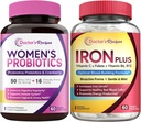 Dokter 's Recepes Women' s Probiotic & Iron Plus Bundle, Feminine Health & Blood Support, Probiotic Capsules 60ct & Iron Capsules 60 ct