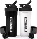 Utopia Home Shaker Bottle 2 Pack - 24 Ounce Plastic Protein atau Cocktail Shake Bottle untuk latihan Pre & Post dengan Penyimpanan Kotak Protein Twist & Lock (All Black & Clear / Black)