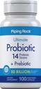Probiotic Piping Rock dan Prebiotik untuk Perempuan dan Pria 124; 50 Milyar CFU 124; 100 Kapsul 124; Kedatangan 14 Strain Supplemen; Vegetarian, Non-GMO, Gluten Bebas