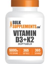 BulkSuplements.com Vitamin D3 + K2 5000 IU Softgels - D3 K2 Suplemen, untuk Kesehatan Ammune - Gluten Bebas, 1 Softgel per Serving, 365 Cacah (Paket 1)