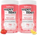 Bellway Super Fiber Powder + Collagen (2 Pack), Sugar-Free Psyllium Husder Powder dengan Collagen Peptides untuk Kesehatan Gut, Sehat Skin, Nails, Bones & Joints, Strawberry Lemonade (22.92 oz)